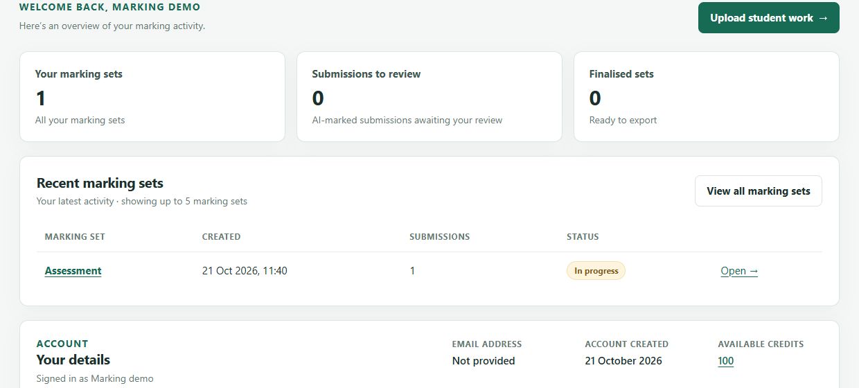 Dashboard with marking set totals, submissions awaiting review, and recent marking sets