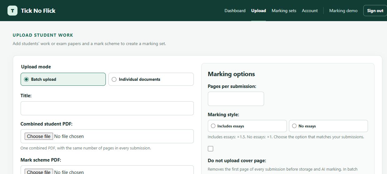 Upload page with fields for a marking set title, student work PDF, and mark scheme PDF